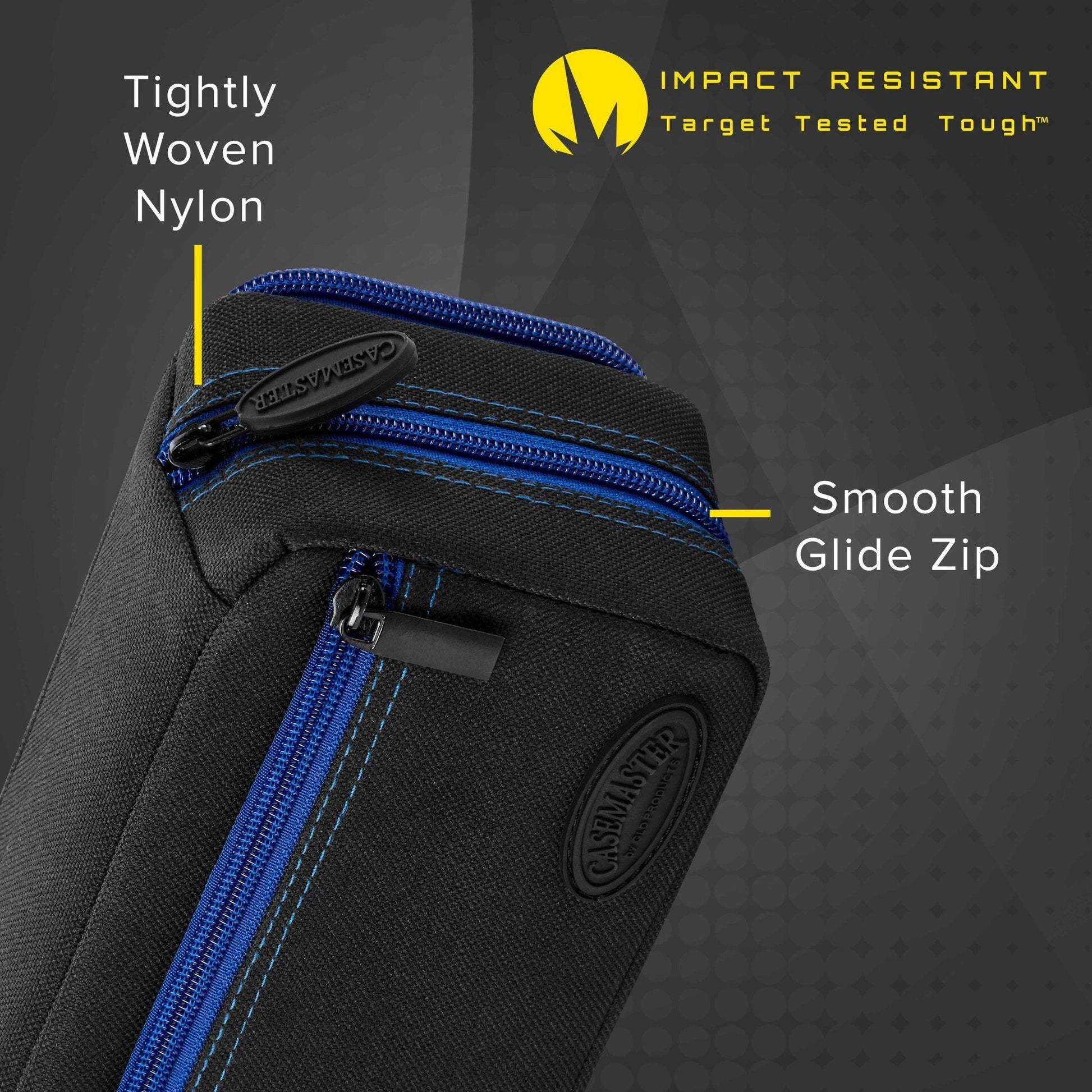 Black nylon dart case with blue zippers and gray stitching details