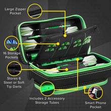 Load image into Gallery viewer, Casemaster Plazma Pro Dart Case Black with Green Trim and Phone Pocket Dart Cases Casemaster 
