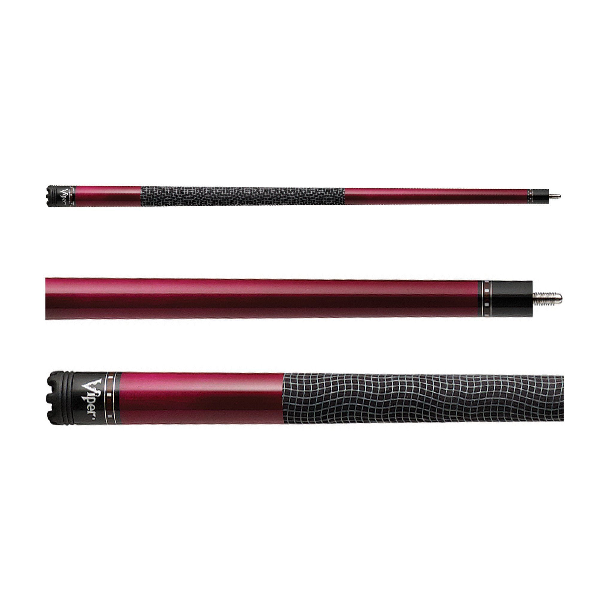 Three billiard cues with burgundy shafts and black mesh grips shown in horizontal layout
