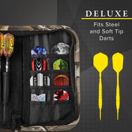 Dart case with mesh pockets holding colorful dart flights and two yellow darts displayed on right