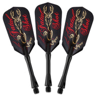 Three black dart flights with gold stag design and red text on black shafts