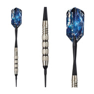 Three darts with blue lightning flights and silver knurled barrels on black shafts