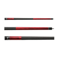 Three red billiard cue sticks with black mesh grip sections and metal ferrules shown horizontally