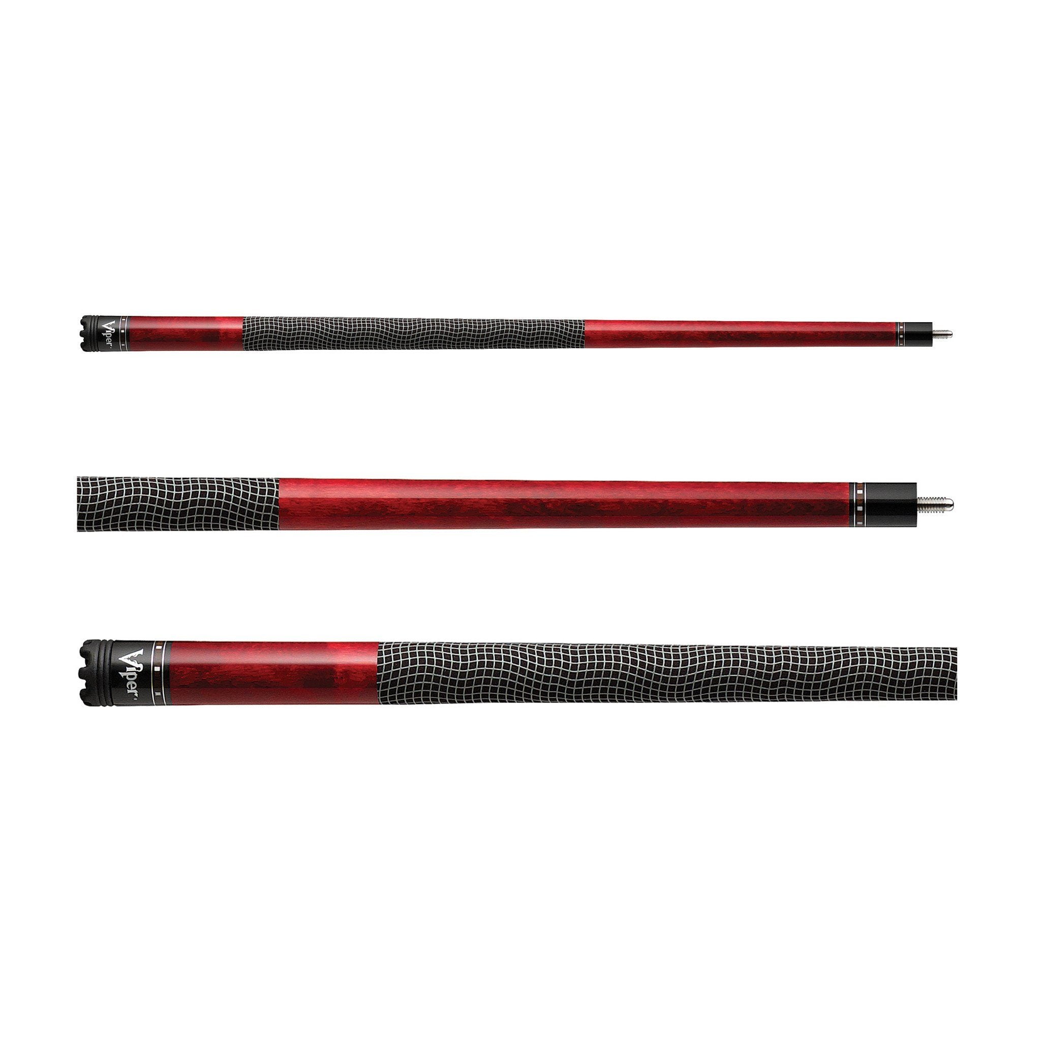 Three red billiard cue sticks with black mesh grip sections and metal ferrules shown horizontally