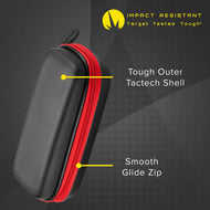 Black dart case with red zipper and gray carry handle shown from side angle