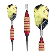 Three darts with yellow flights, red and tan wrapped handles, and black points