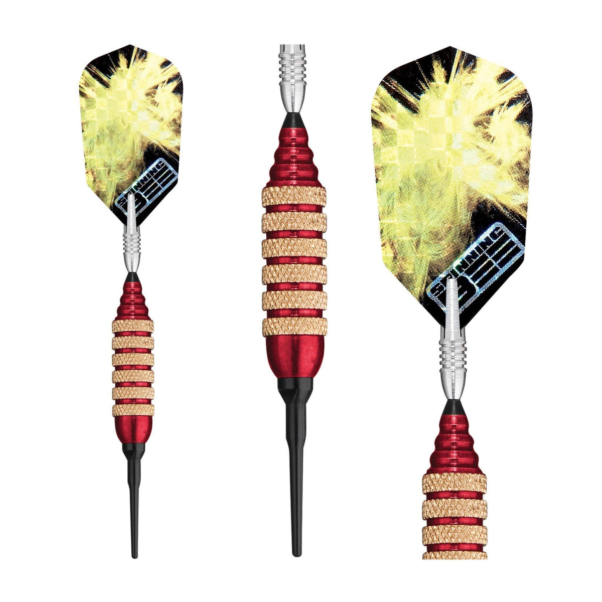Three darts with yellow flights, red and tan wrapped handles, and black points