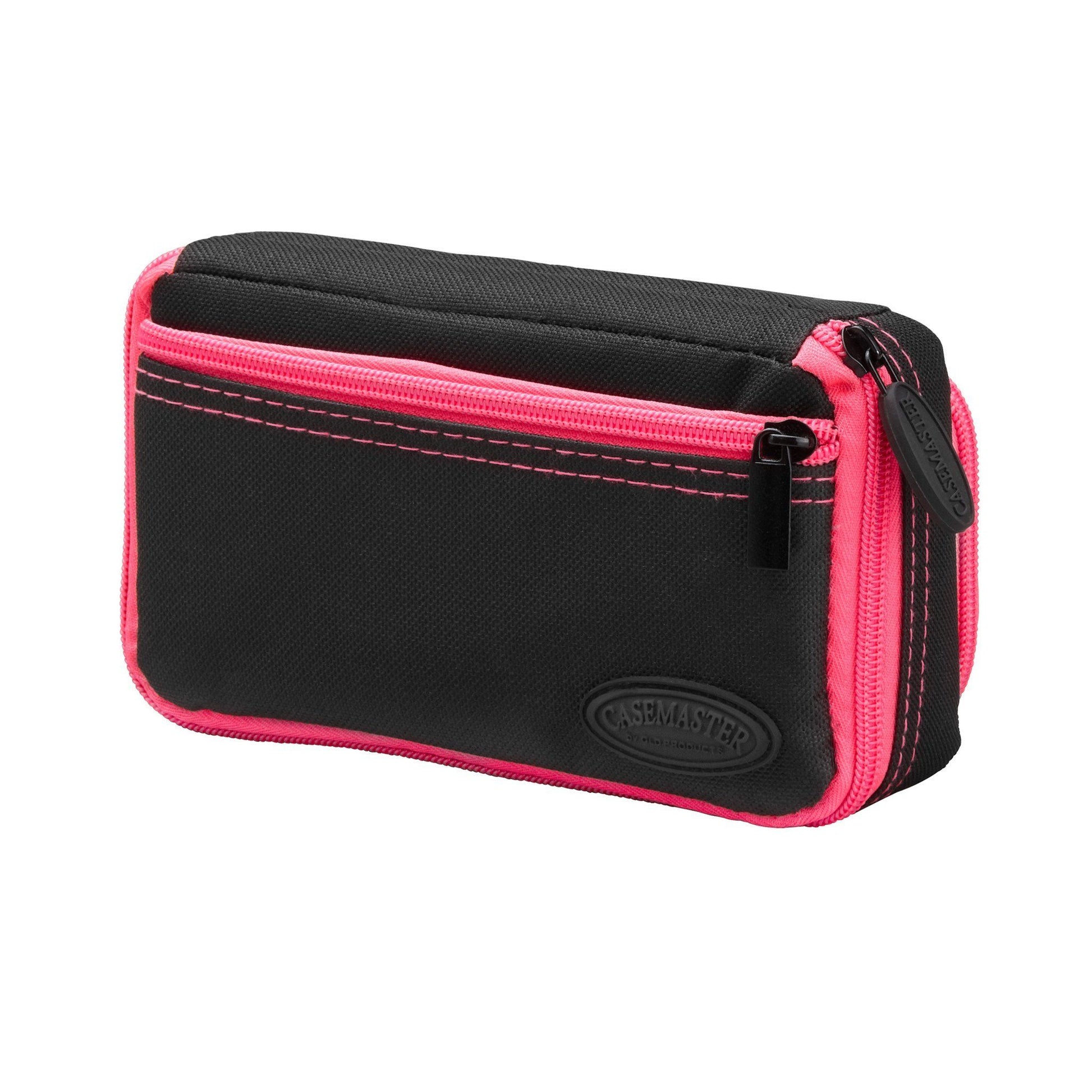 Black and hot pink rectangular dart case with zippered top pocket and black pull tabs on sides