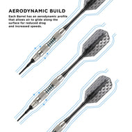Three darts with textured black flights and metal barrels shown with airflow diagram lines