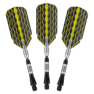 Three darts with yellow and gray patterned flights and silver barrels