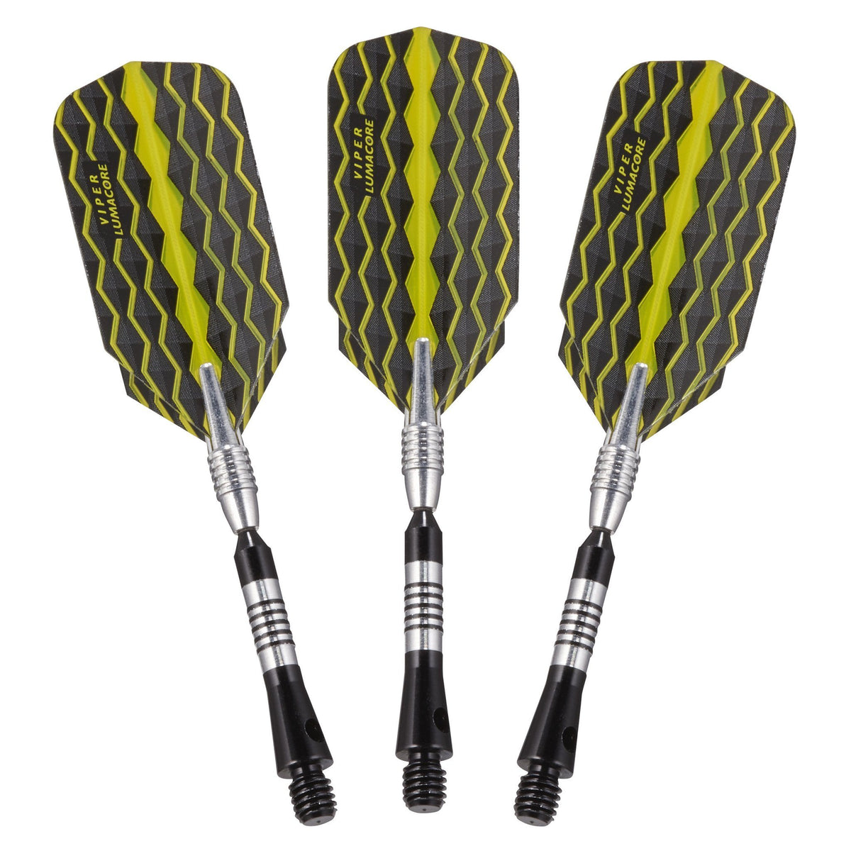 Three darts with yellow and gray patterned flights and silver barrels