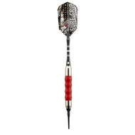 Dart with black studded flight, black shaft, red grip, and pointed tip