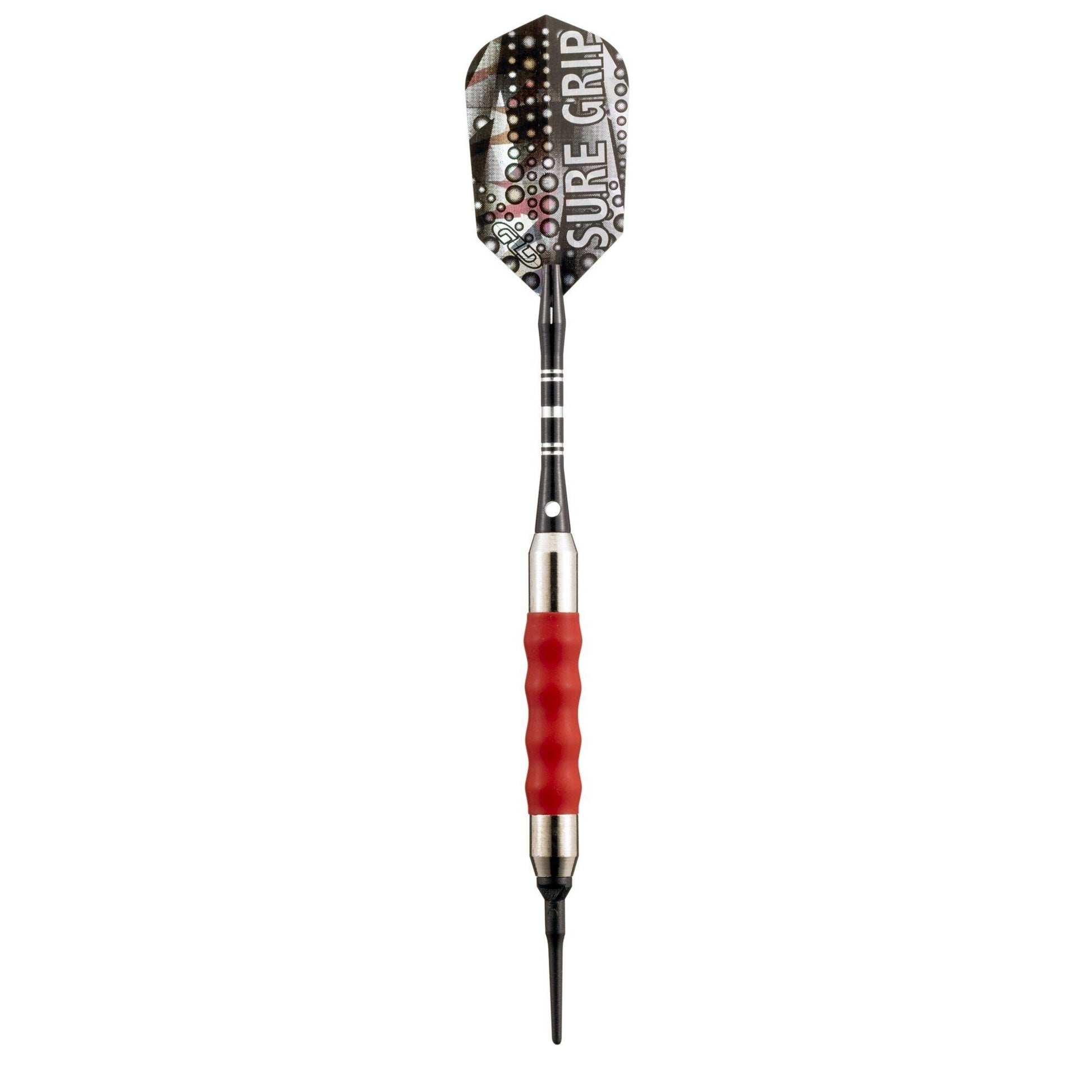 Dart with black studded flight, black shaft, red grip, and pointed tip