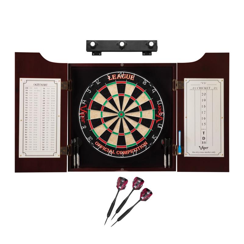 Viper League Sisal Dartboard, Hudson Cabinet, Black Mariah Steel Tip Darts & Shadow Buster Dartboard Light Bundle Darts Viper 