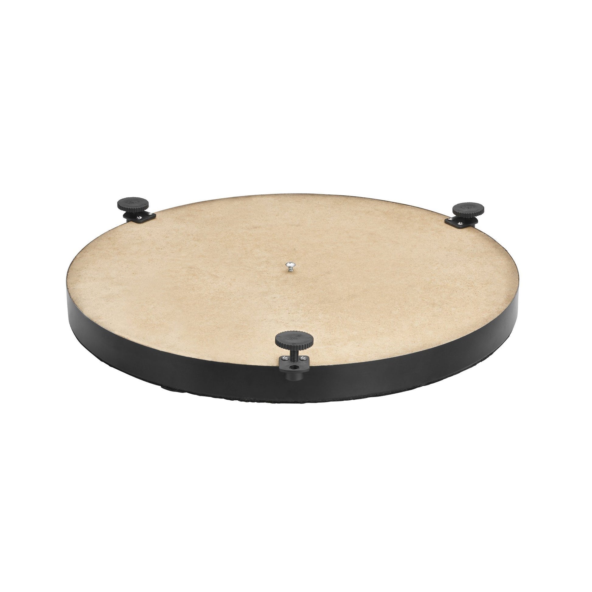 Black circular dartboard leveler with tan surface and three adjustment knobs spaced around the base
