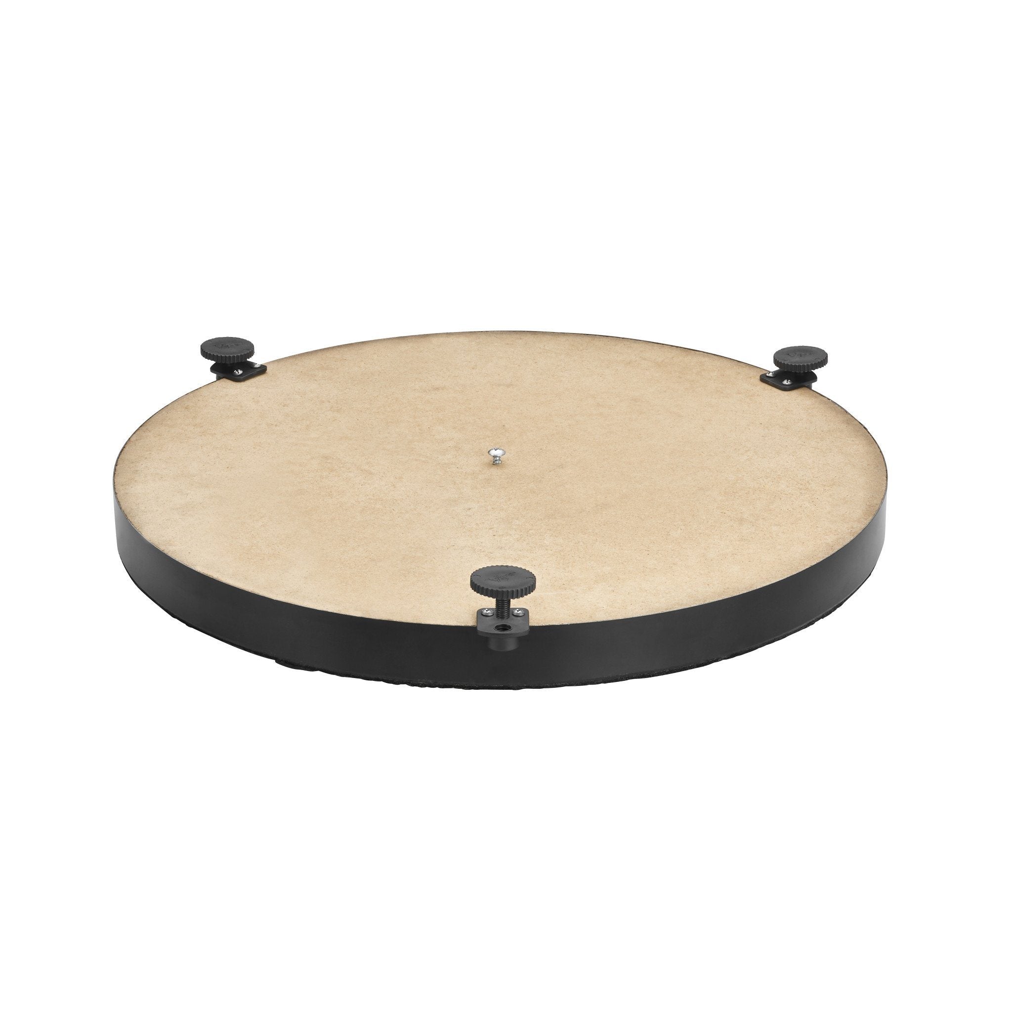 Black circular dartboard leveler with tan surface and three adjustment knobs spaced around the base