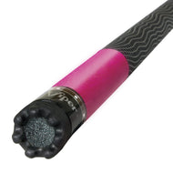 Cue stick with gray textured grip, pink wrapped mid-section, black metal ferrule, and black textured tip