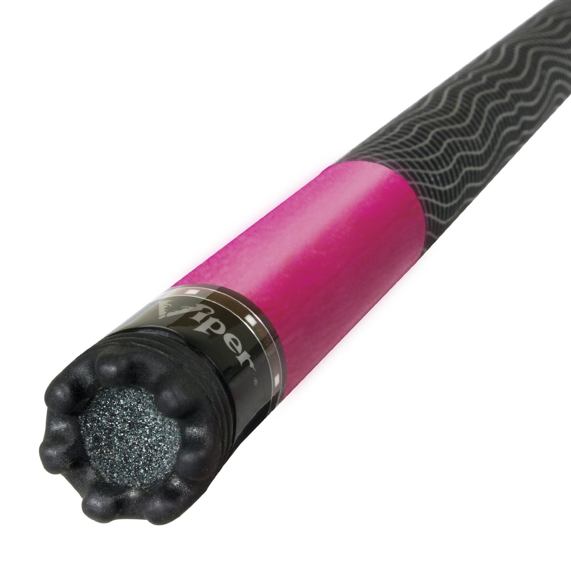 Cue stick with gray textured grip, pink wrapped mid-section, black metal ferrule, and black textured tip