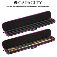 Two open cue cases with pink trim, one empty and one holding a wooden cue stick