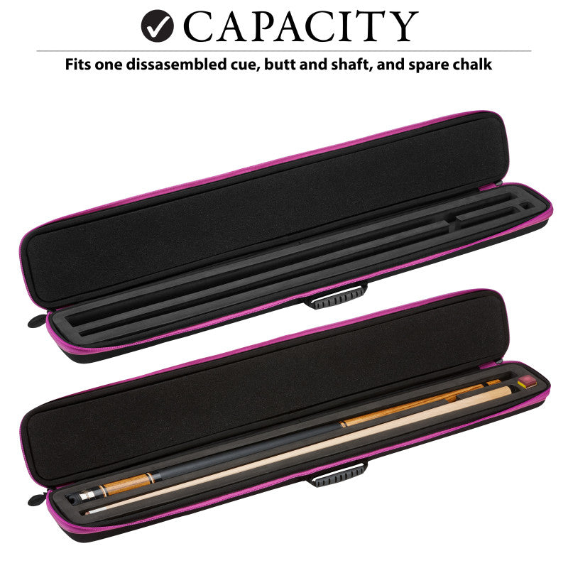 Two open cue cases with pink trim, one empty and one holding a wooden cue stick