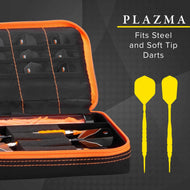Black dart case with orange trim holding darts and yellow flights inside