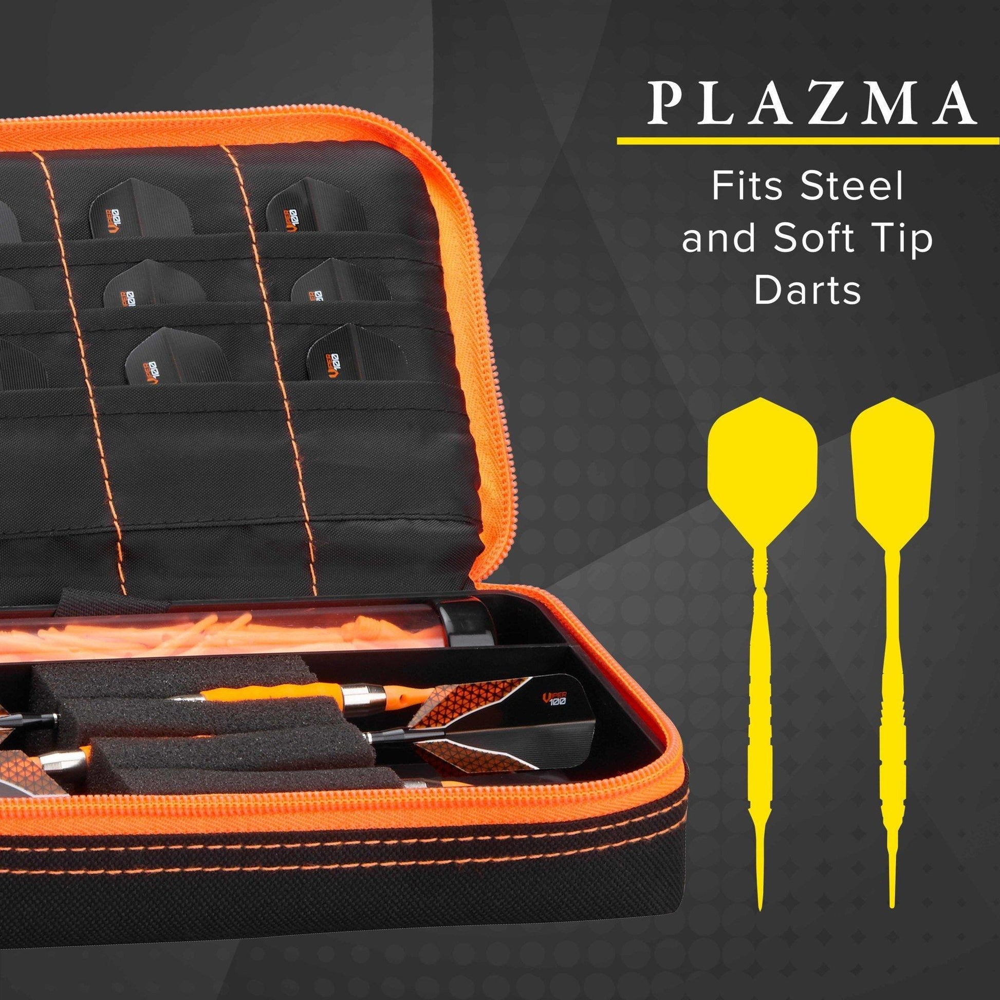 Black dart case with orange trim holding darts and yellow flights inside