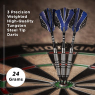 Three darts with blue flights and textured metal barrels in dartboard center