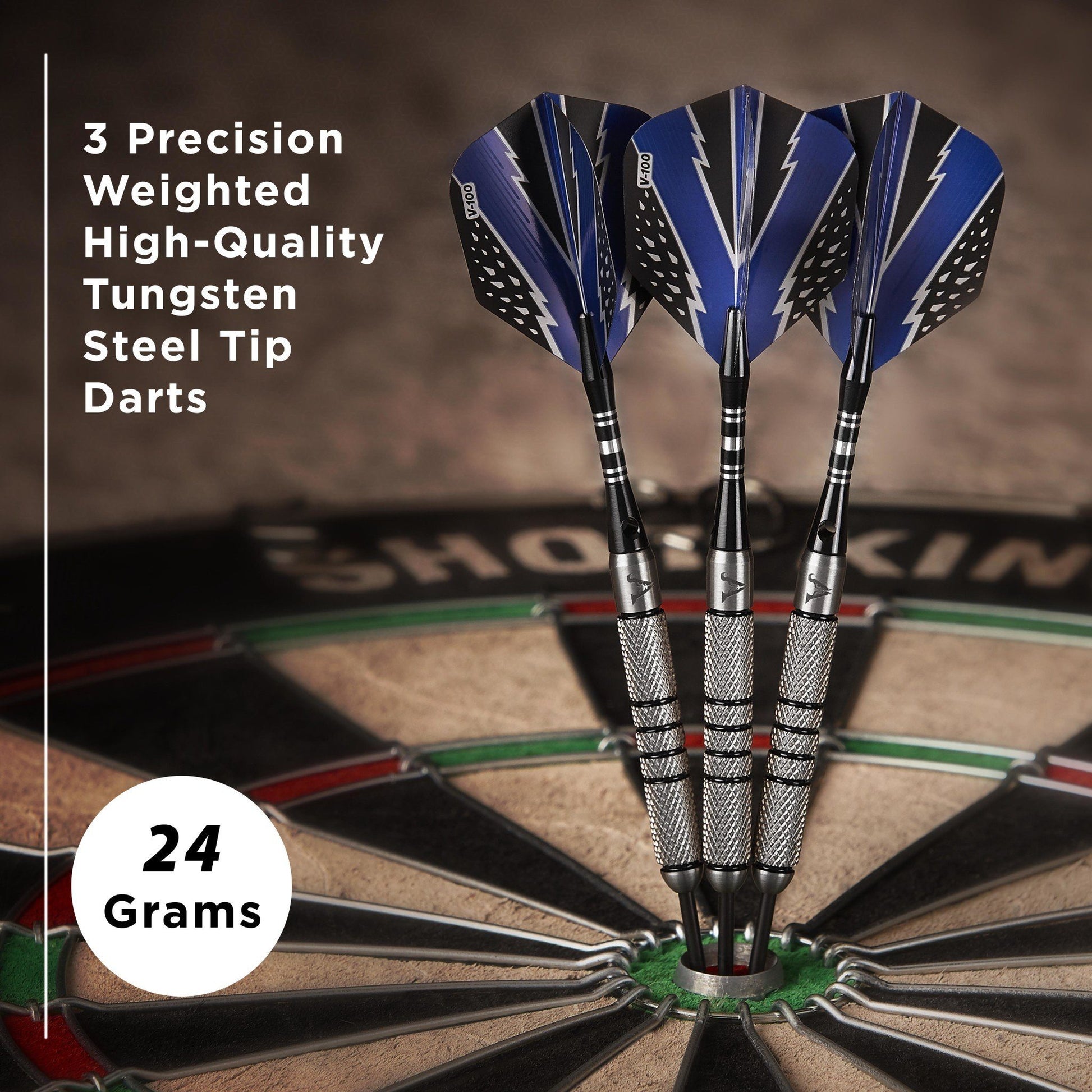 Three darts with blue flights and textured metal barrels in dartboard center