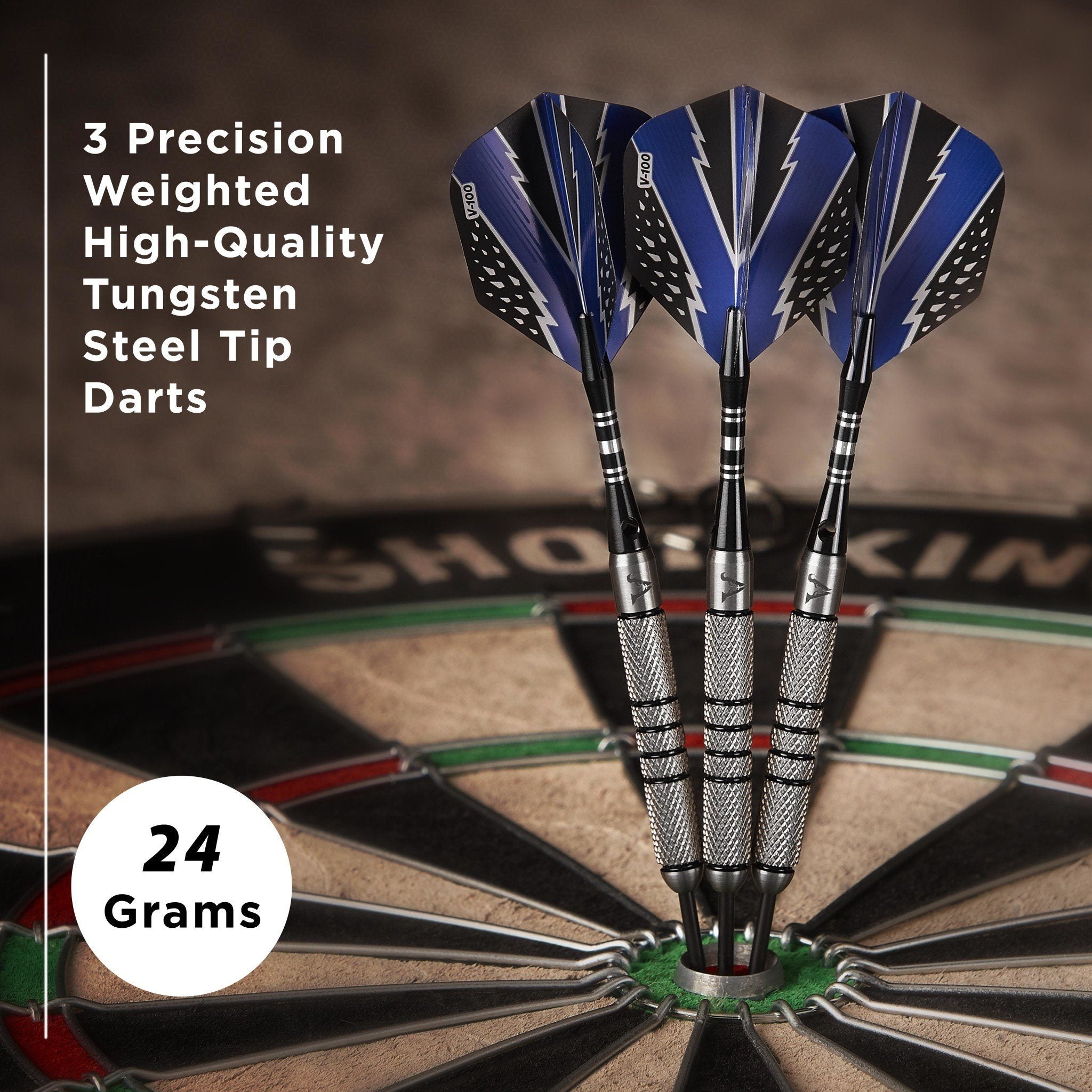 Three darts with blue flights and textured metal barrels in dartboard center