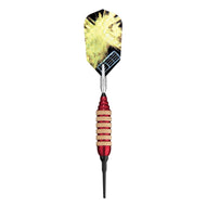Dart with yellow and black feathered flight, metal shaft, red and gold wrapped grip, and black tapered point