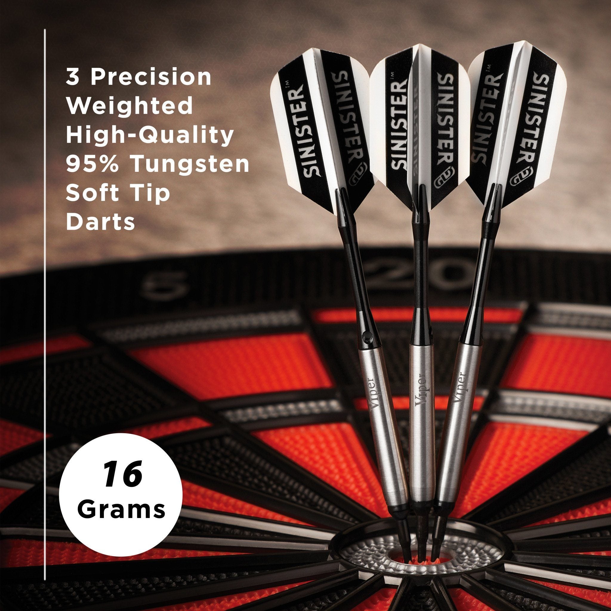 Three soft tip darts with black and white flights in a stand