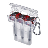 Clear plastic dart case with red and black darts in compartments, metal carabiner clip attached to side