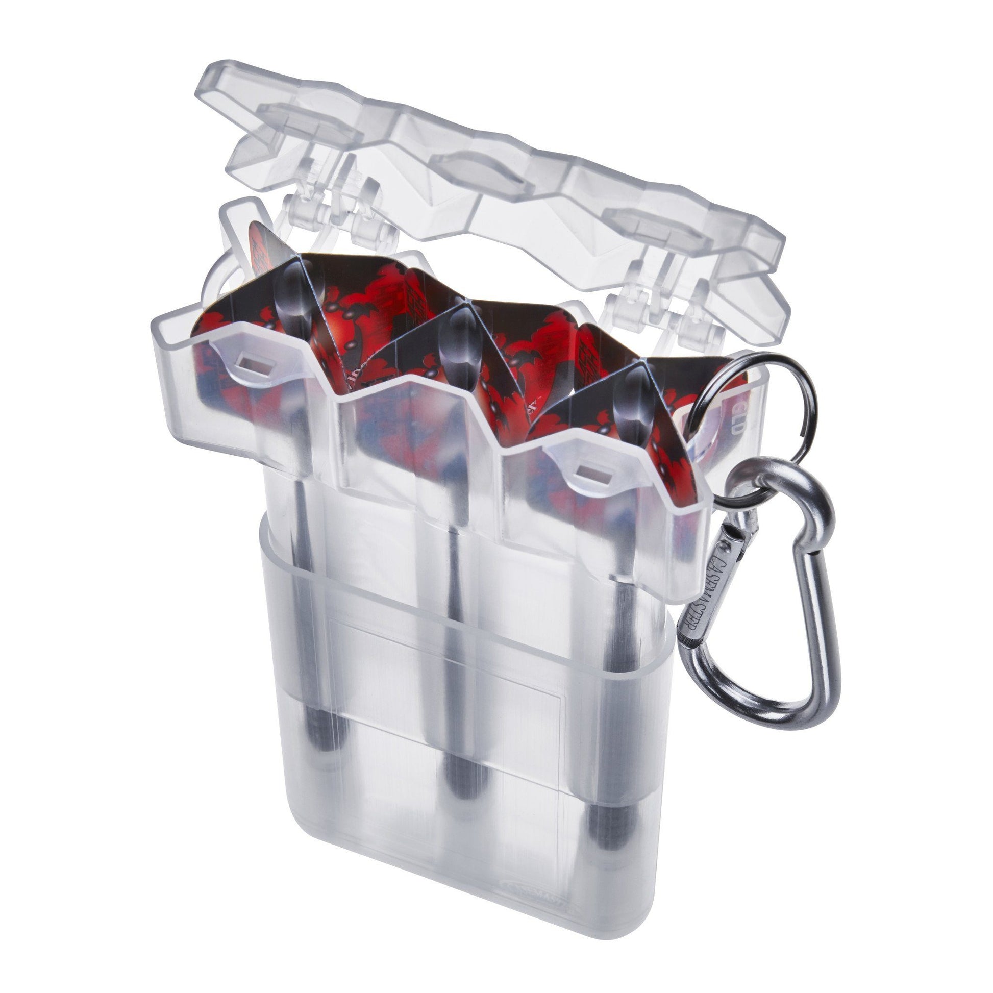 Clear plastic dart case with red and black darts in compartments, metal carabiner clip attached to side