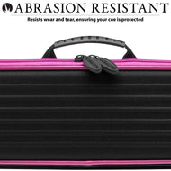 Black cue case with magenta stripe, carrying handle, and two gray zipper pulls visible on top