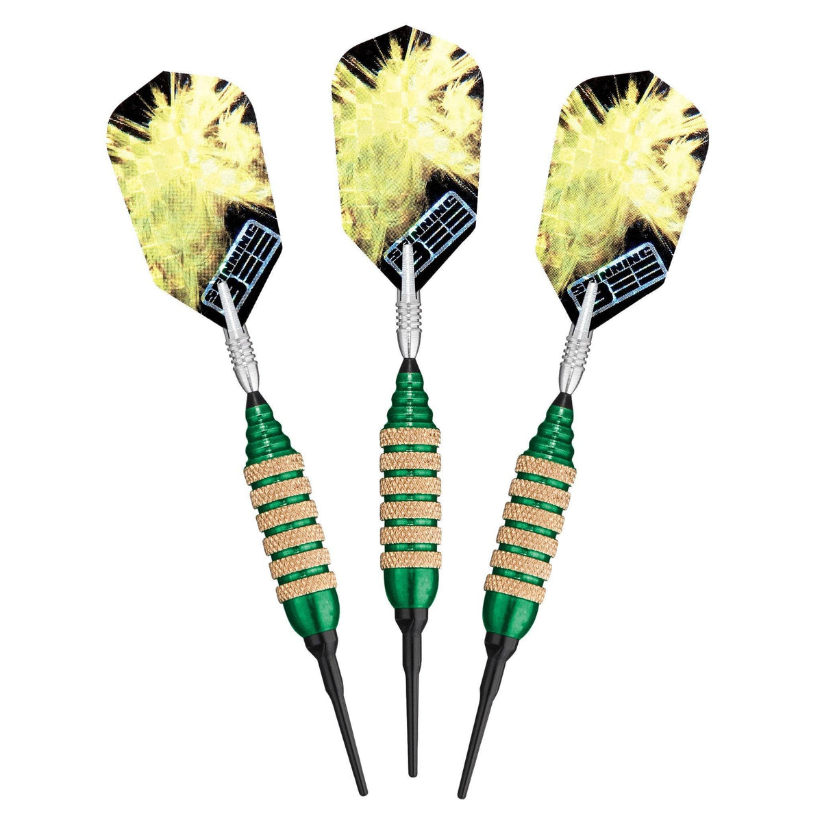 Three darts with yellow flights, green barrels, and tan cord wrapping