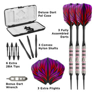 Three darts with purple and red flights, black shafts, and replacement parts in carrying case