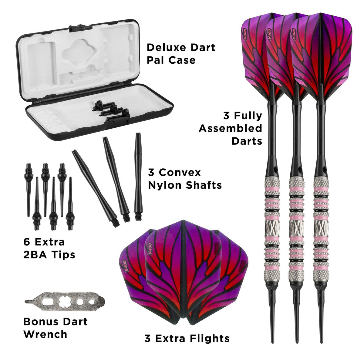 Three darts with purple and red flights, black shafts, and replacement parts in carrying case