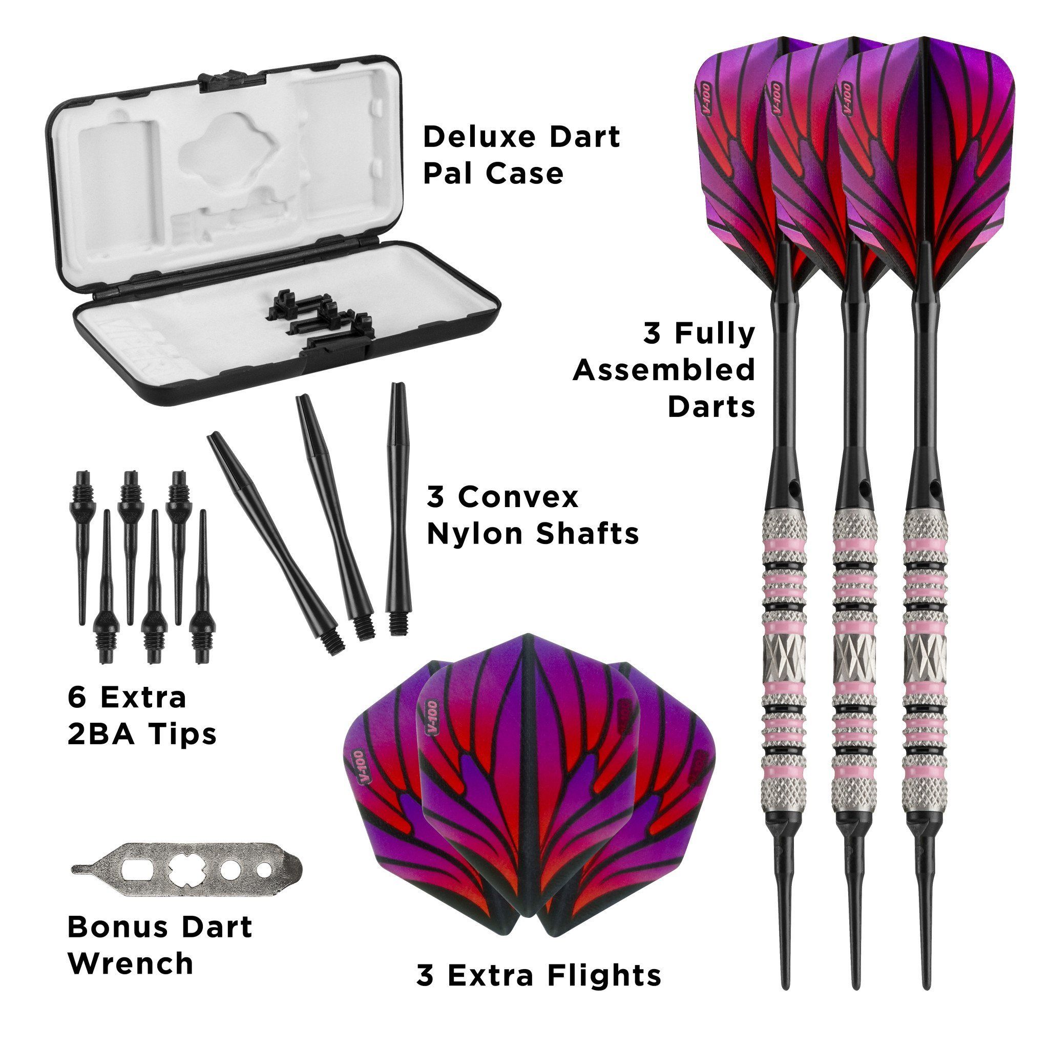 Three darts with purple and red flights, black shafts, and replacement parts in carrying case