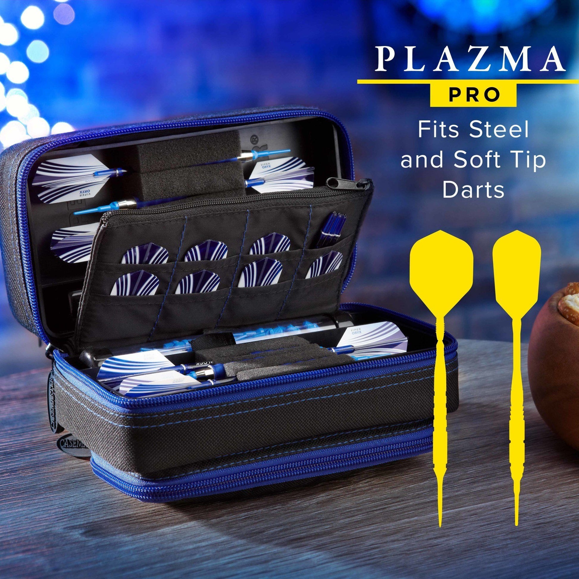 Black dart case with blue zipper holding darts with white and blue flights