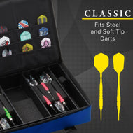 Black dart case with blue stripe holding colorful dart flights and pink-gripped darts with metallic flights