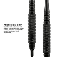 Two black dart barrels with knurled grip bands and tapered ends, shown side by side against white background