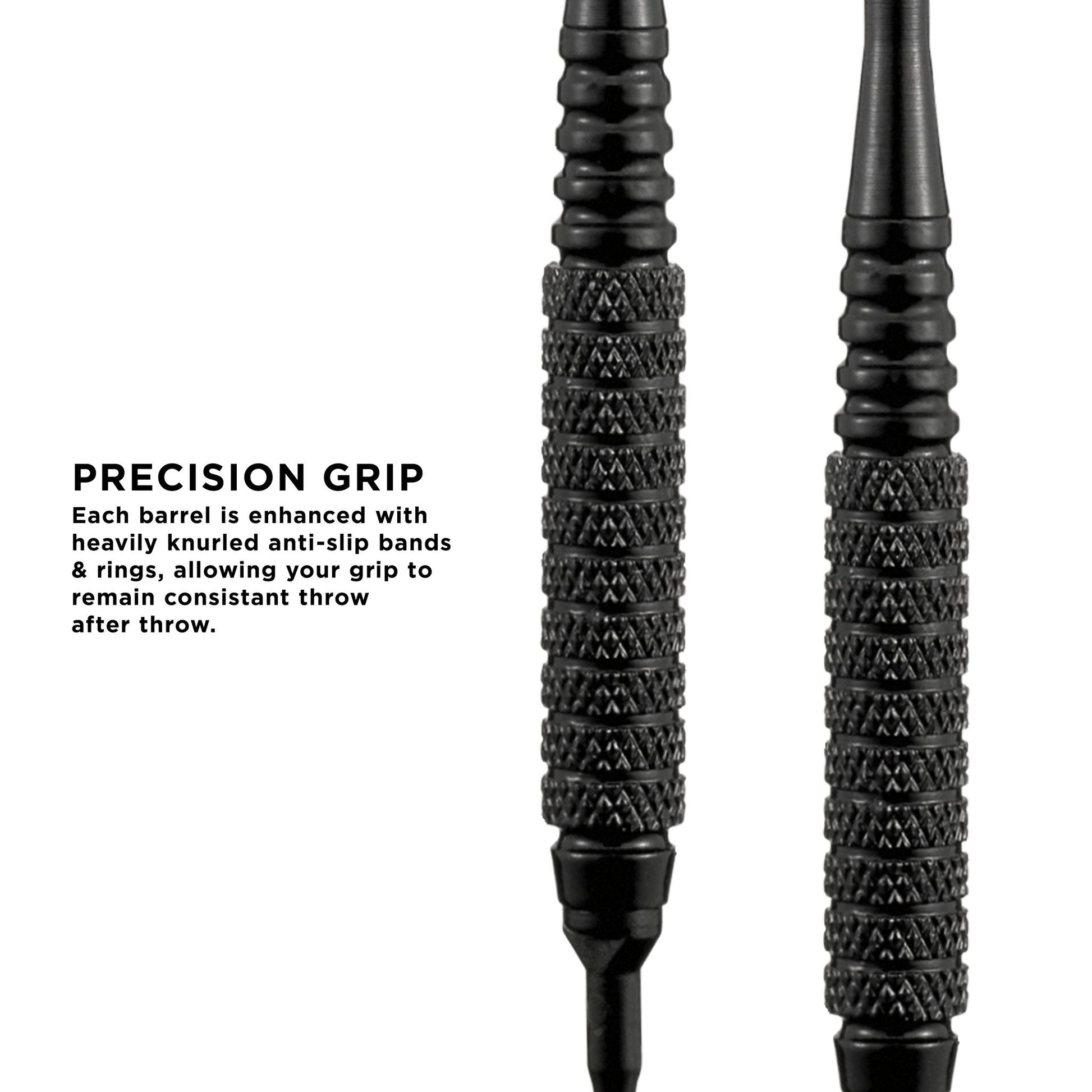 Two black dart barrels with knurled grip bands and tapered ends, shown side by side against white background