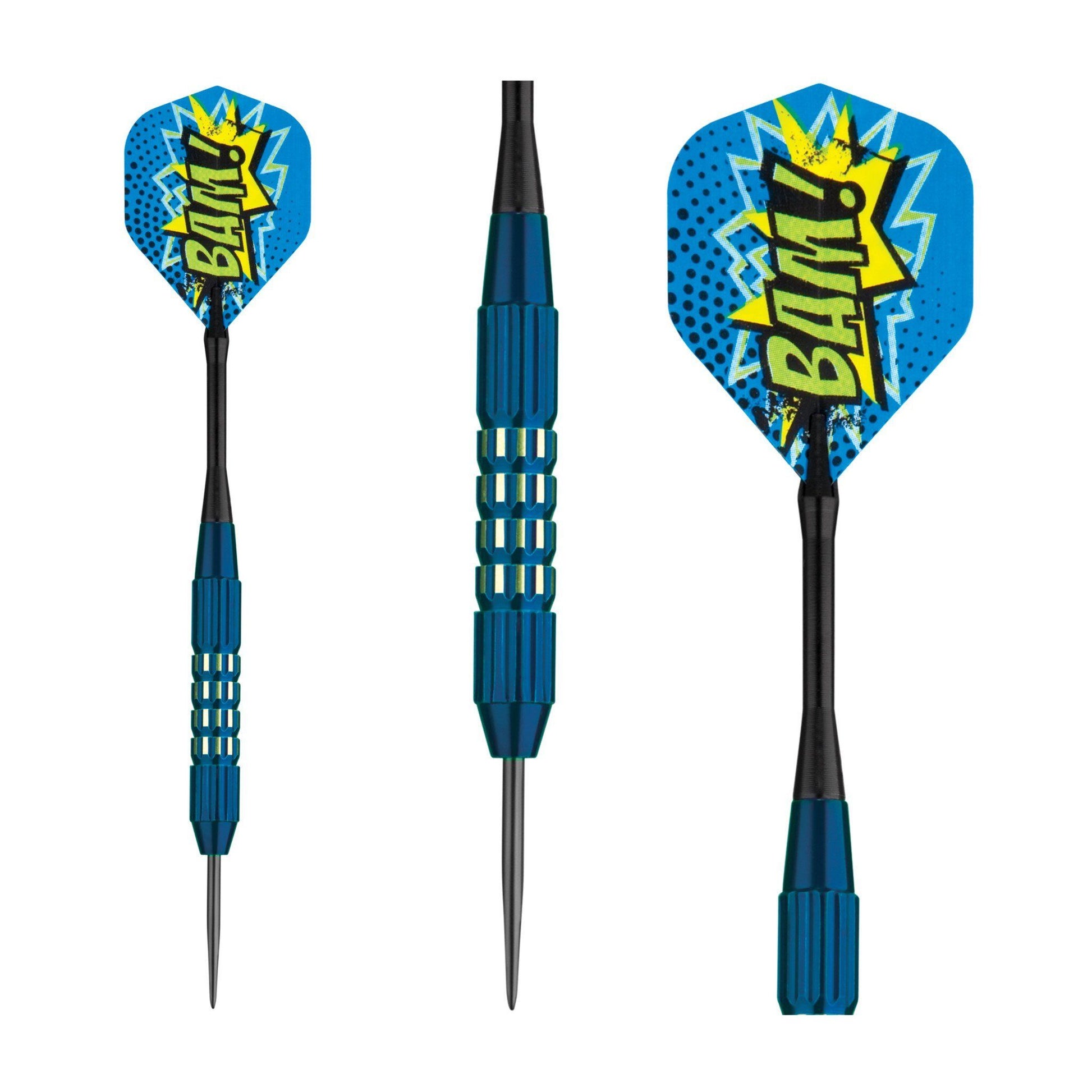 Three darts with blue barrels and blue flights printed with yellow "Bandit" logos and lightning bolts