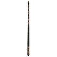 Cue stick with black grip section and camouflage patterned upper shaft with brass joint and tip