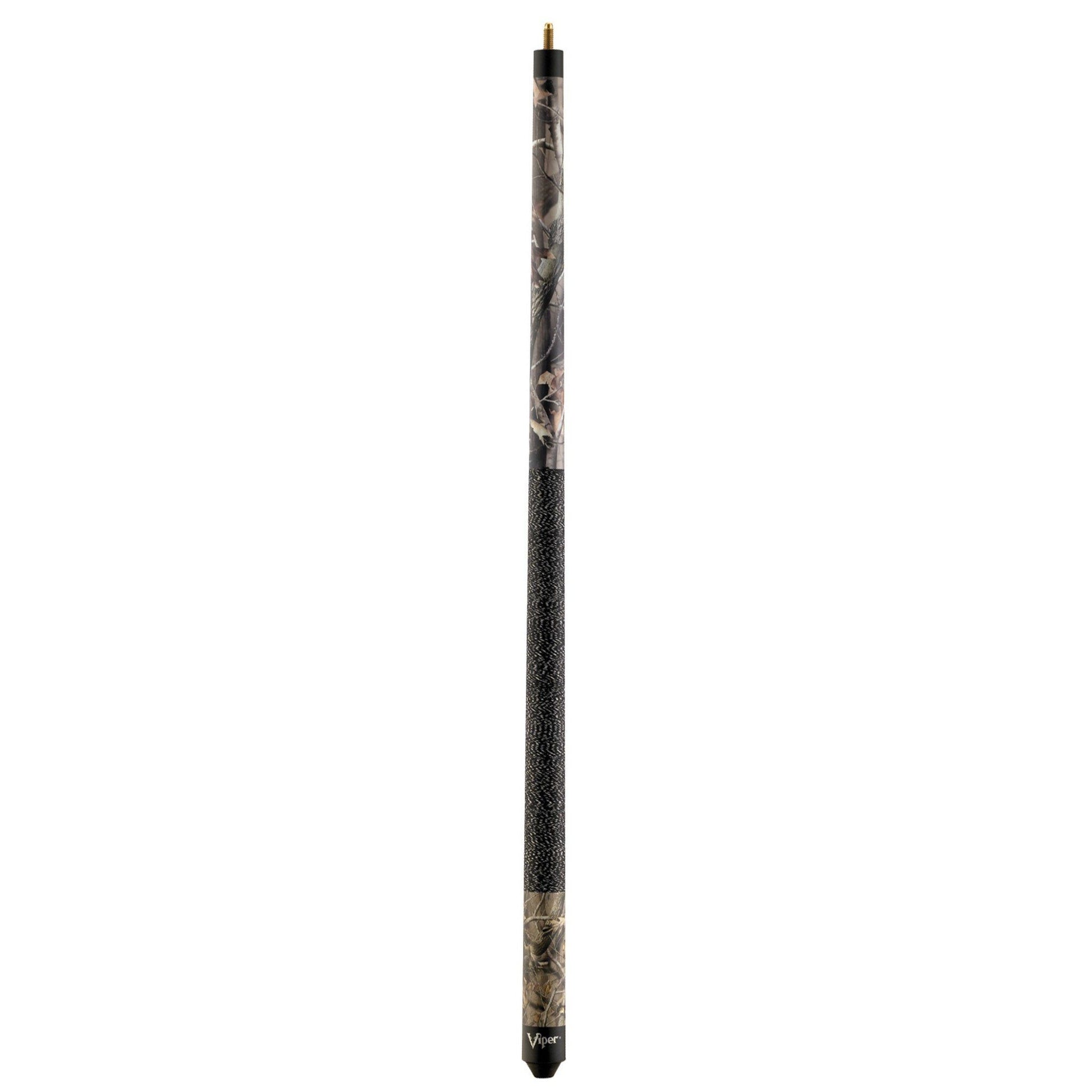 Cue stick with black grip section and camouflage patterned upper shaft with brass joint and tip