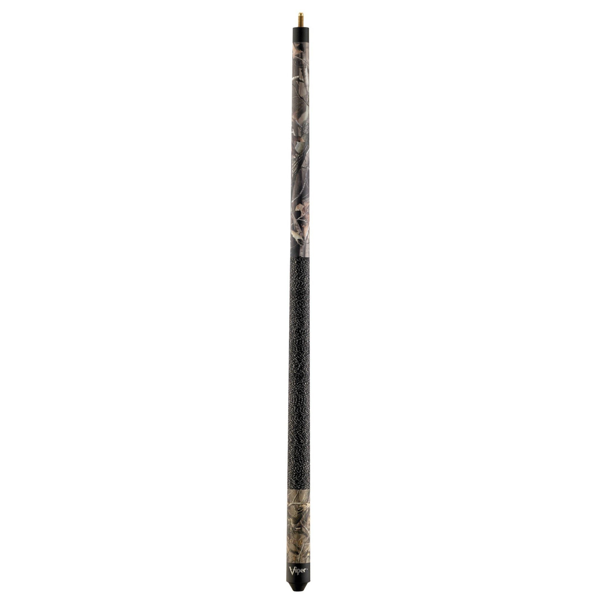 Cue stick with black grip section and camouflage patterned upper shaft with brass joint and tip