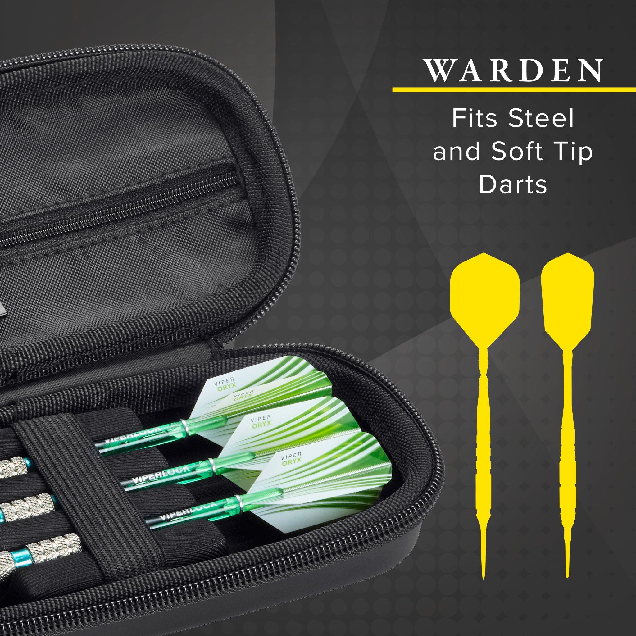 Black dart case with green and white striped darts inside and two yellow dart shapes displayed