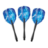 Three darts with blue lightning-patterned flights and black aluminum shafts displayed side by side
