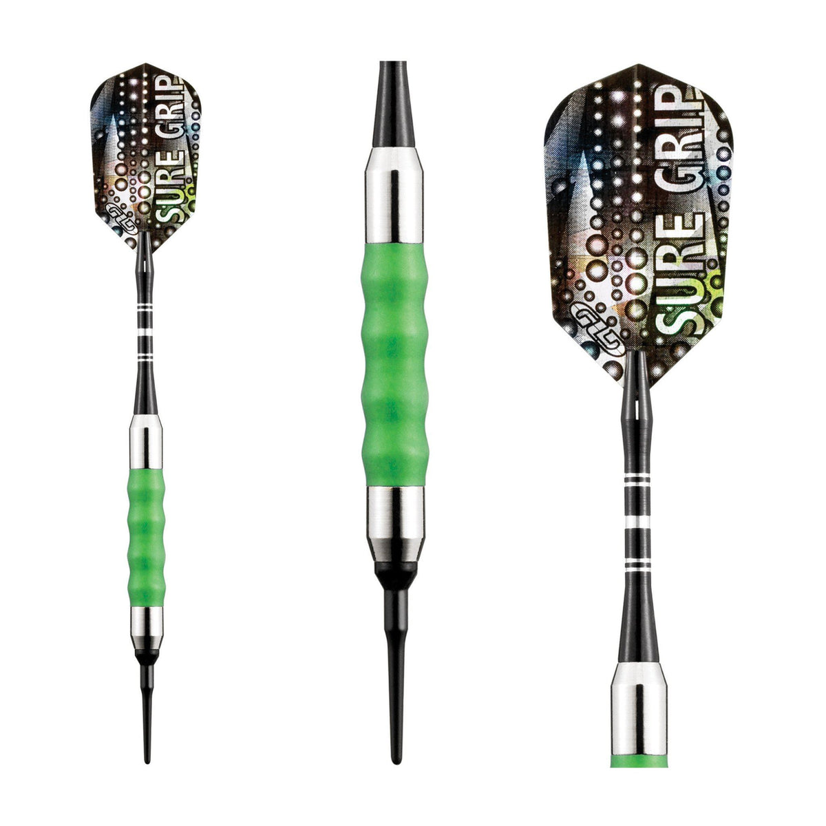 Three darts with black perforated flights, green textured barrels, and silver metal bands