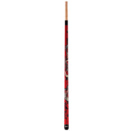 Red billiards cue stick with black wrapping and gray dragon design, natural wood shaft and black grip end